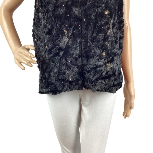 Betsey Johnson Faux Fur Gold Sequin Vest Size L Black - Picture 3 of 6
